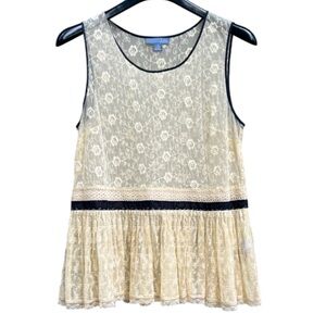 Lil by Anthropologie Beige Floral Lace Black Trim Tank Sheer Size 14